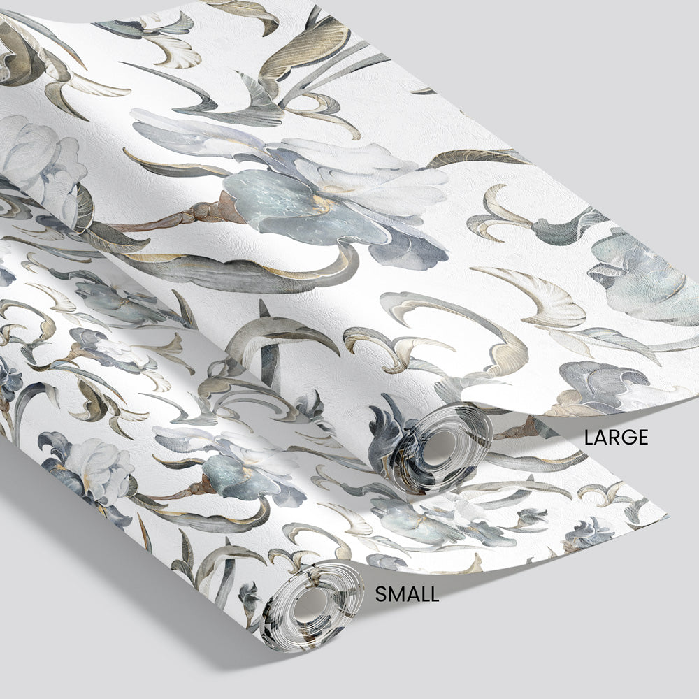 Poised Petals (White) Wallpaper pattern size options