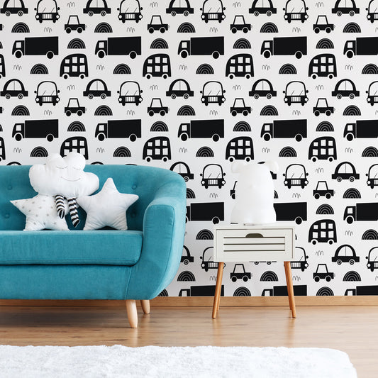 Transportation Station (Black & White) Wallpaper on playroom wall