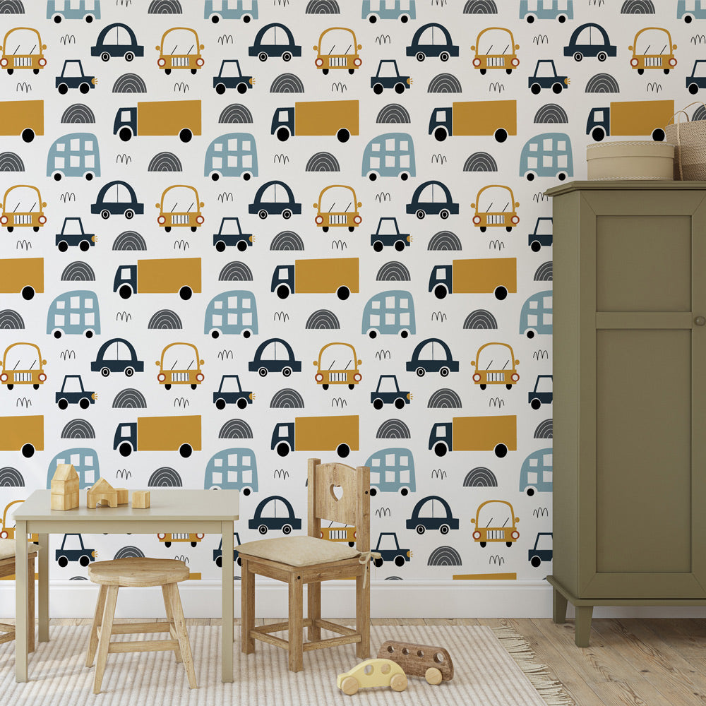 Transportation Station Wallpaper on playroom wall