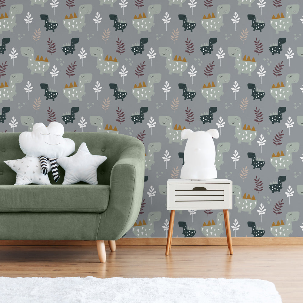 Dancing Dinosaurs Wallpaper on kid's playroom wall