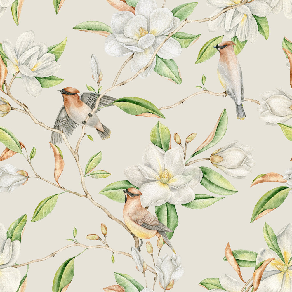 Birds of a Feather (Beige) Wallpaper pattern close-up