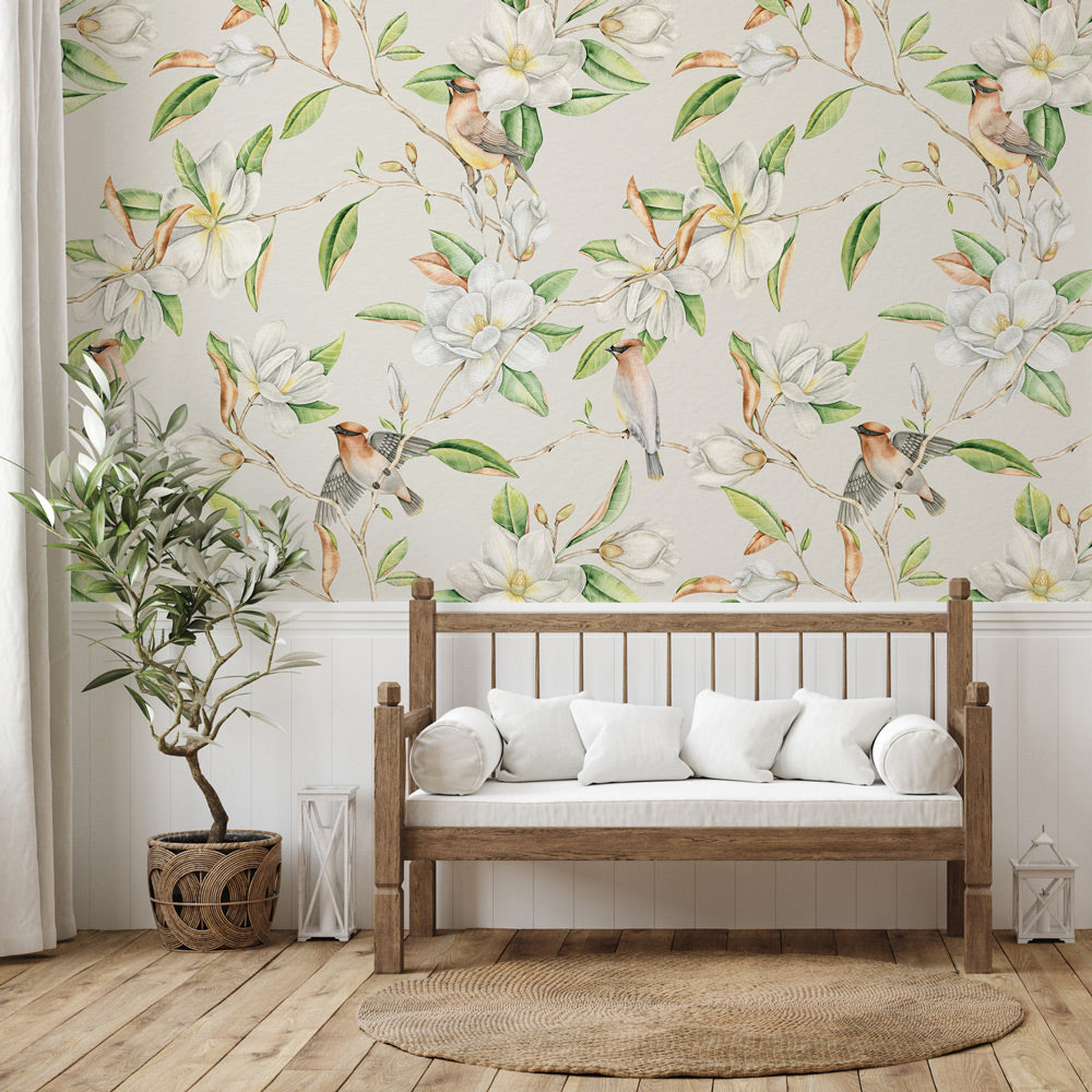 Birds of a Feather (Beige) Wallpaper on accent wall