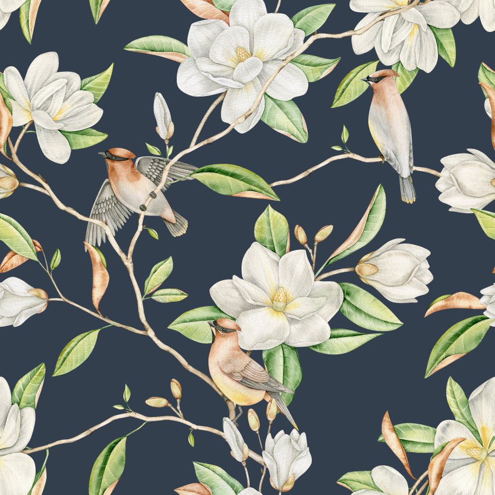 Birds of a Feather (Dark Blue) Wallpaper pattern close-up