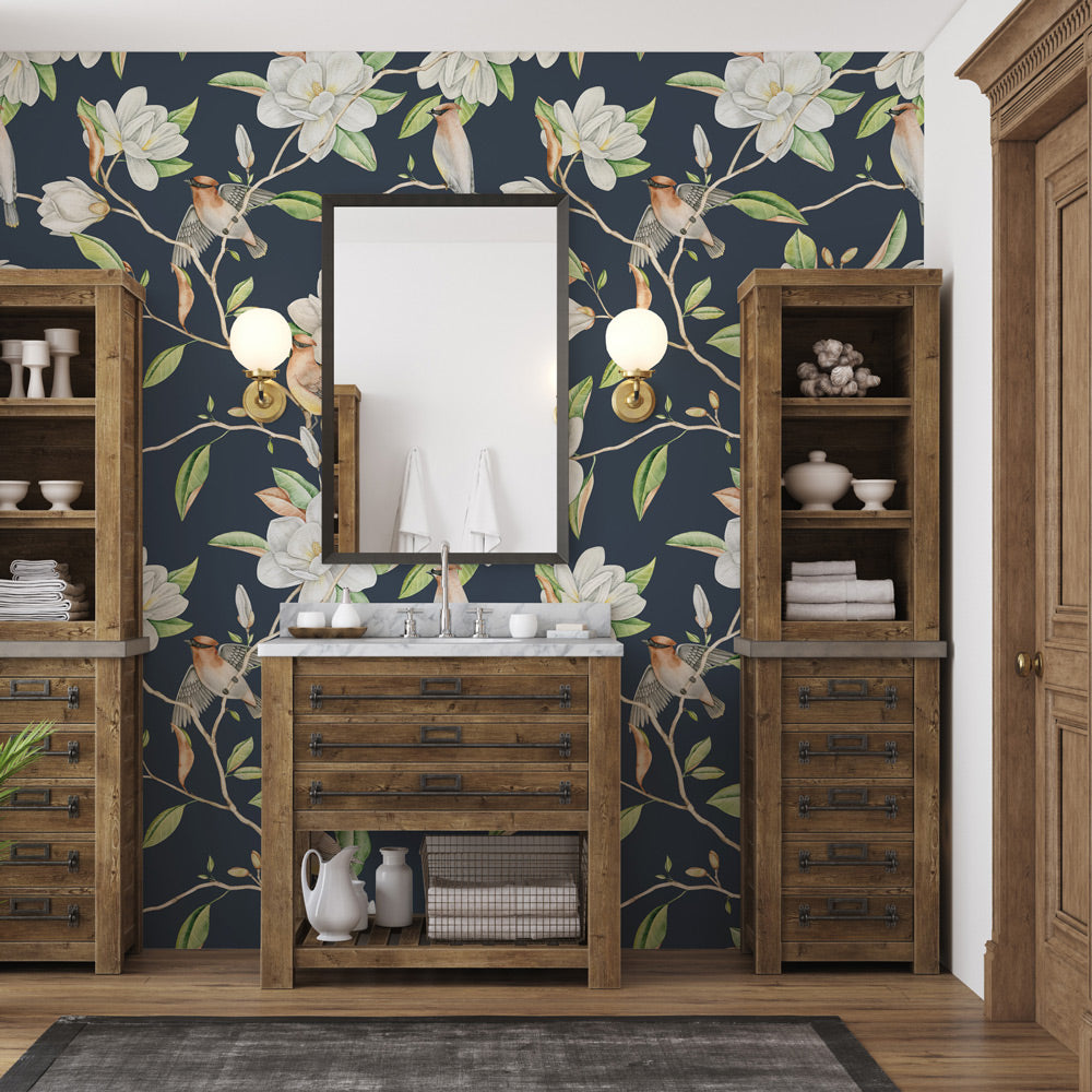 Birds of a Feather (Dark Blue) Wallpaper on bathroom wall