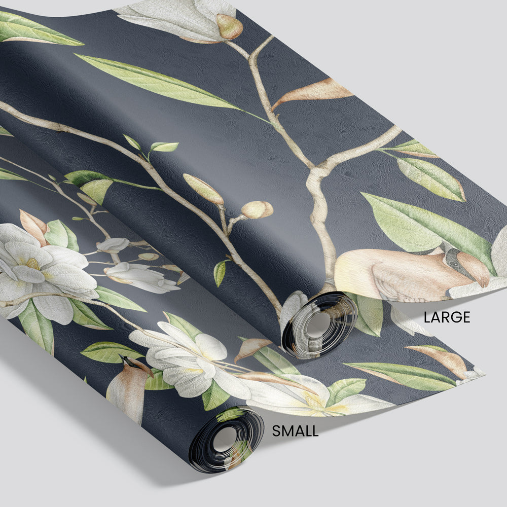 Birds of a Feather (Dark Blue) Wallpaper pattern size options