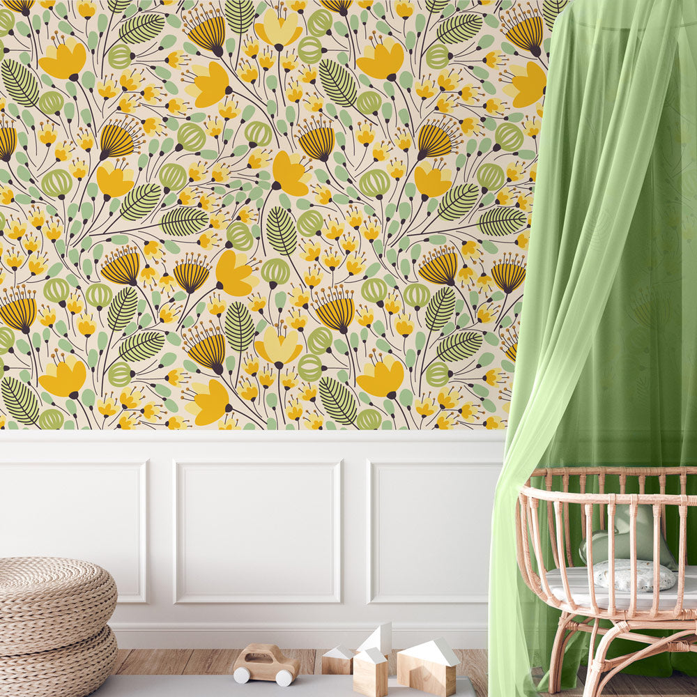 Morning Meadow (Yellow & Green) Wallpaper on nursery wall