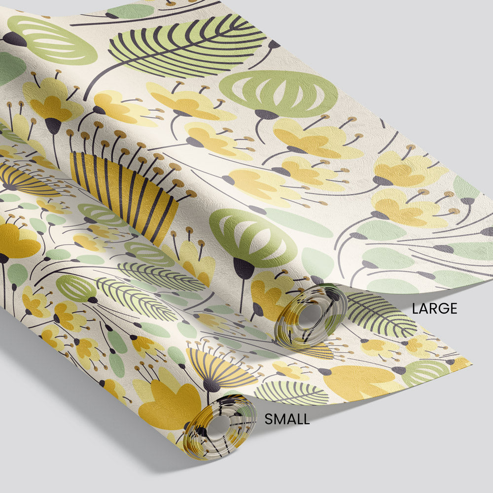 Morning Meadow (Yellow & Green) Wallpaper pattern size options