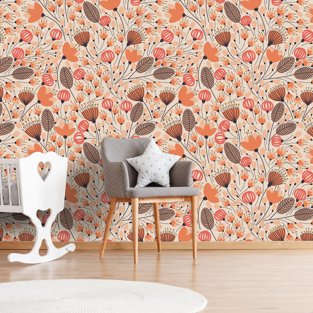 Morning Meadow (Coral) Wallpaper on nursery wall