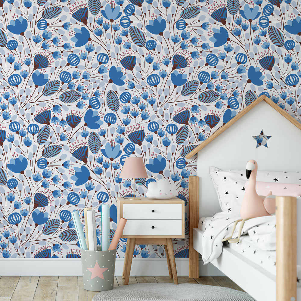 Morning Meadow (Blue) Wallpaper on kid's bedroom wall