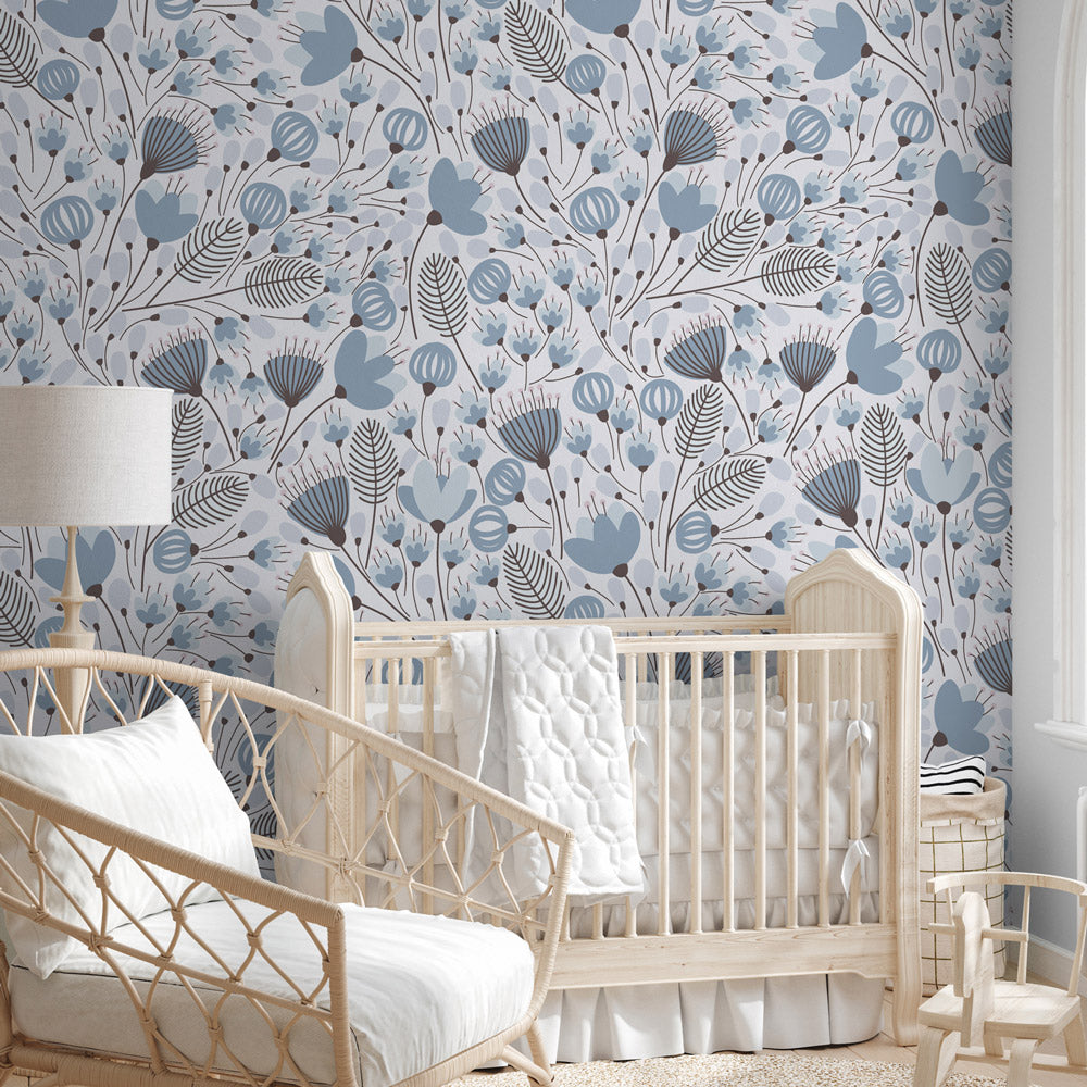 Morning Meadow (Dusty Blue) Wallpaper on nursery wall