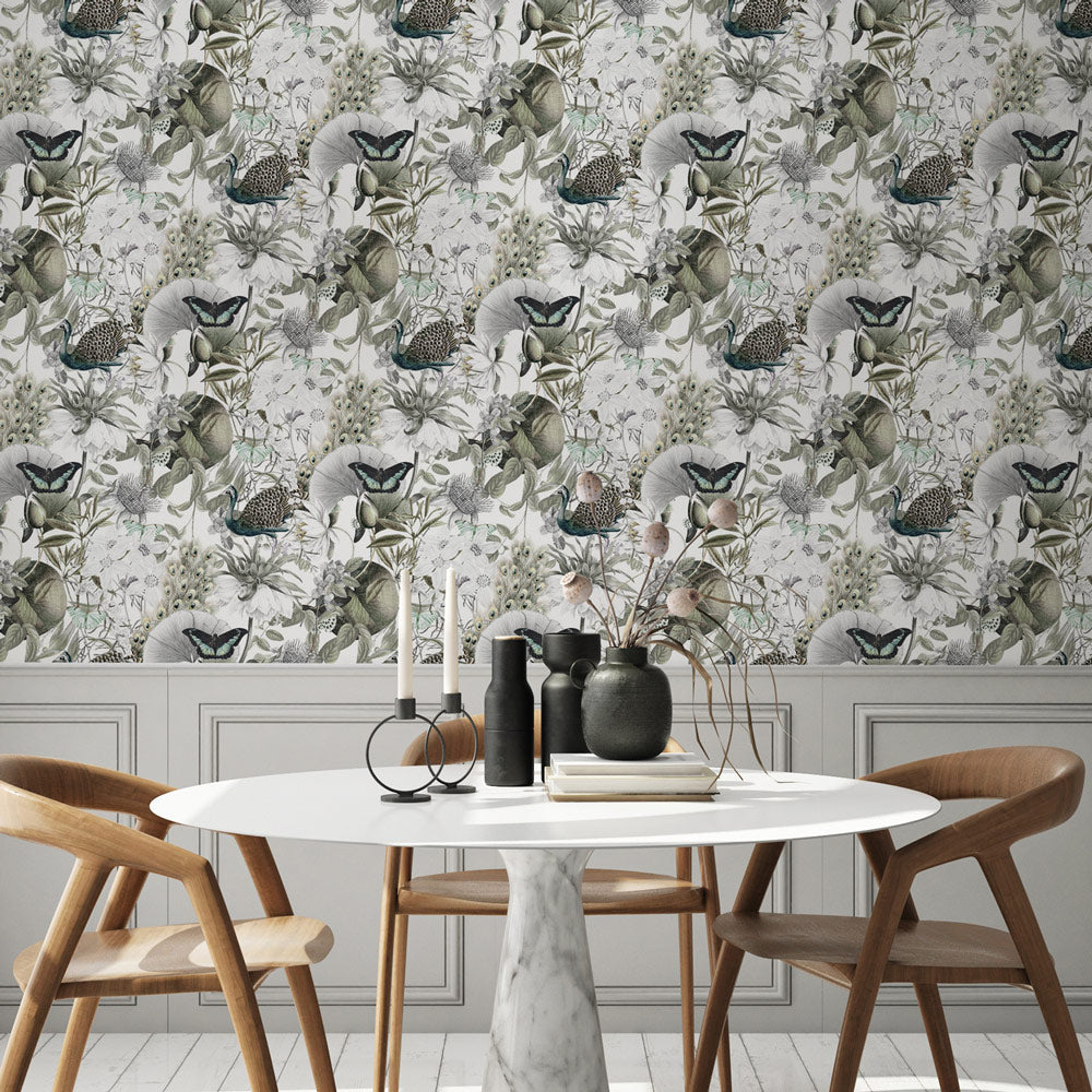 Wings and Feathers (White) Wallpaper on dining room wall