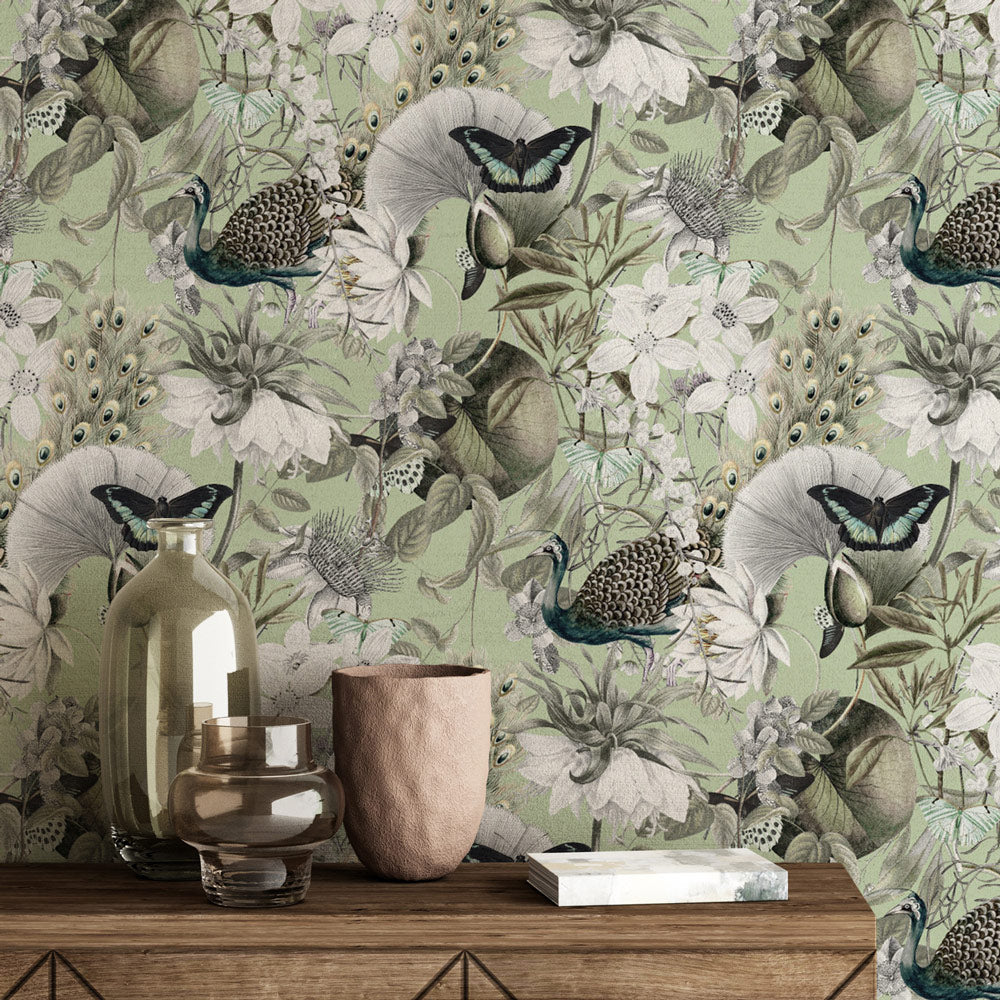 Wings and Feathers (Green) Wallpaper on accent wall