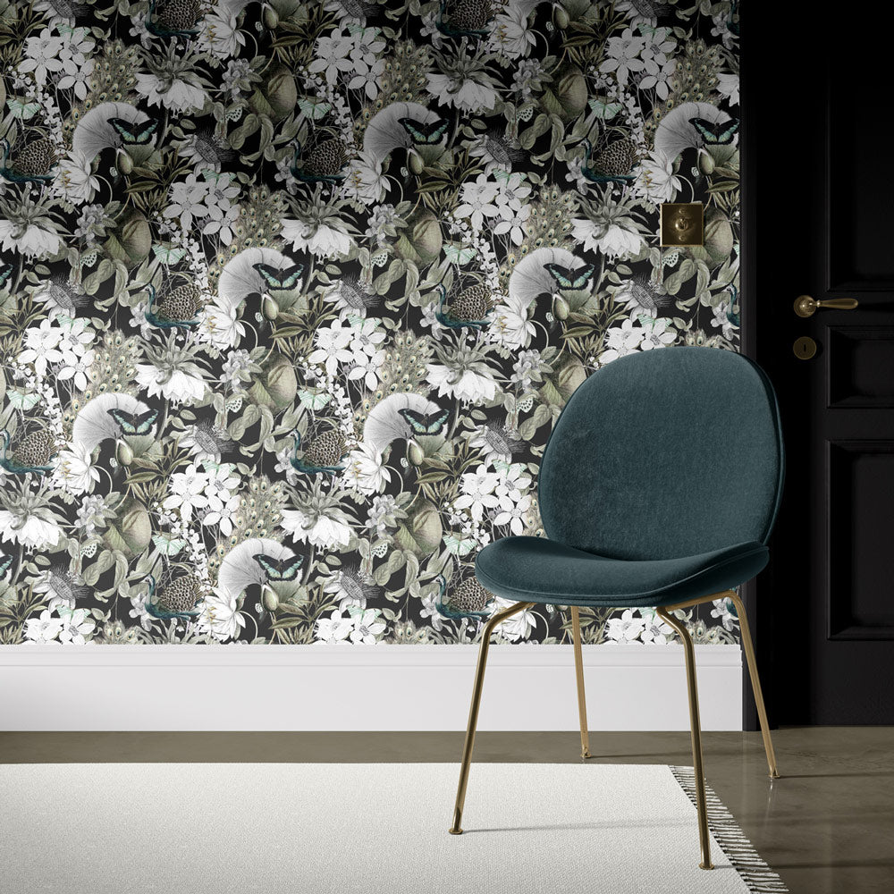 Wings and Feathers (Black) Wallpaper on accent wall