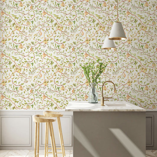 Heavenly Harvest (White) Wallpaper on kitchen wall