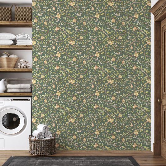 Heavenly Harvest (Green) Wallpaper on laundry room wall