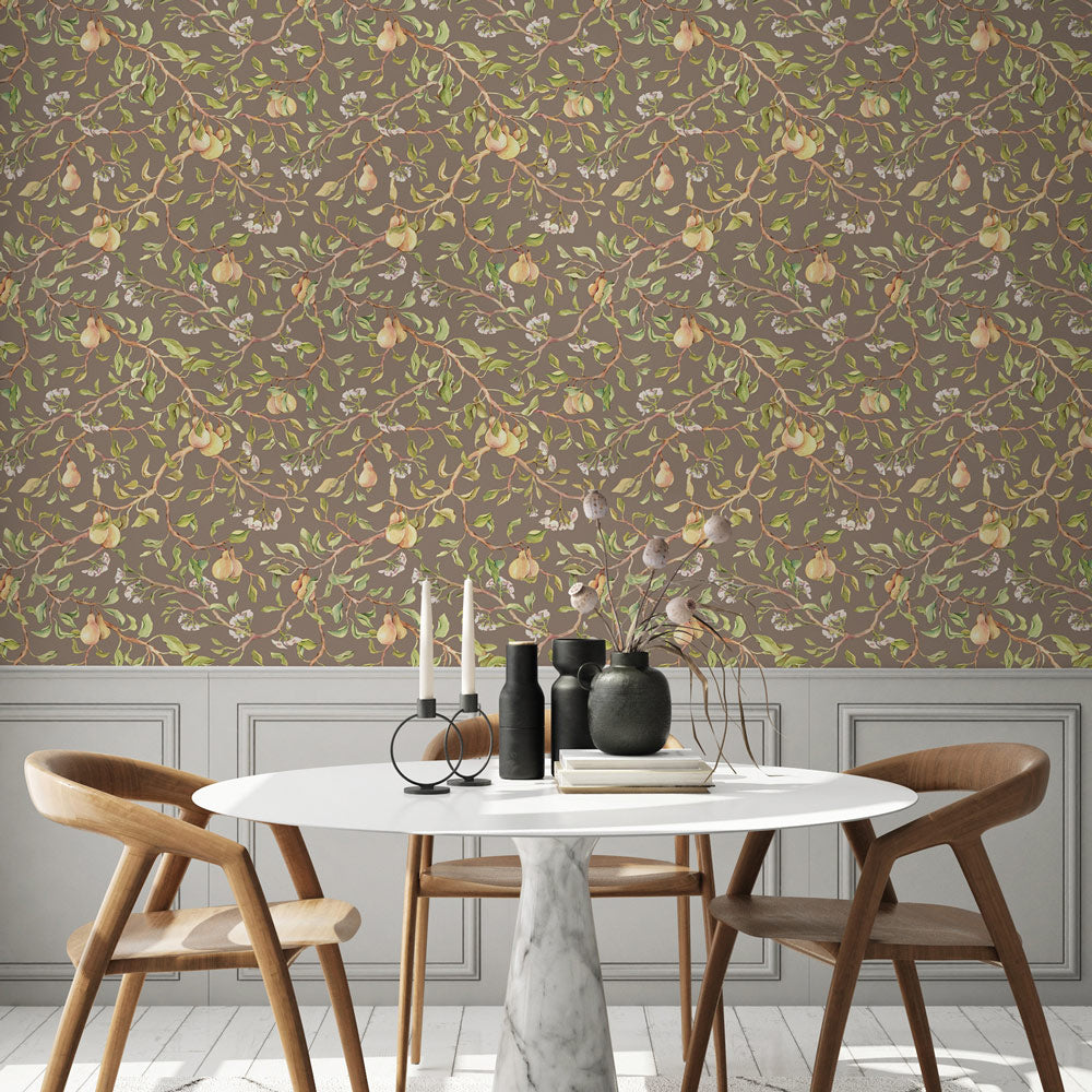 Heavenly Harvest (Brown) Wallpaper on dining room wall