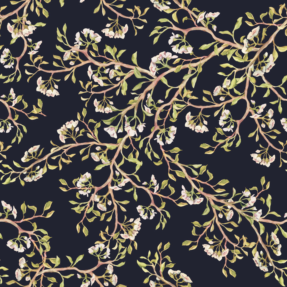 Budding Bush (Navy) Wallpaper pattern close-up