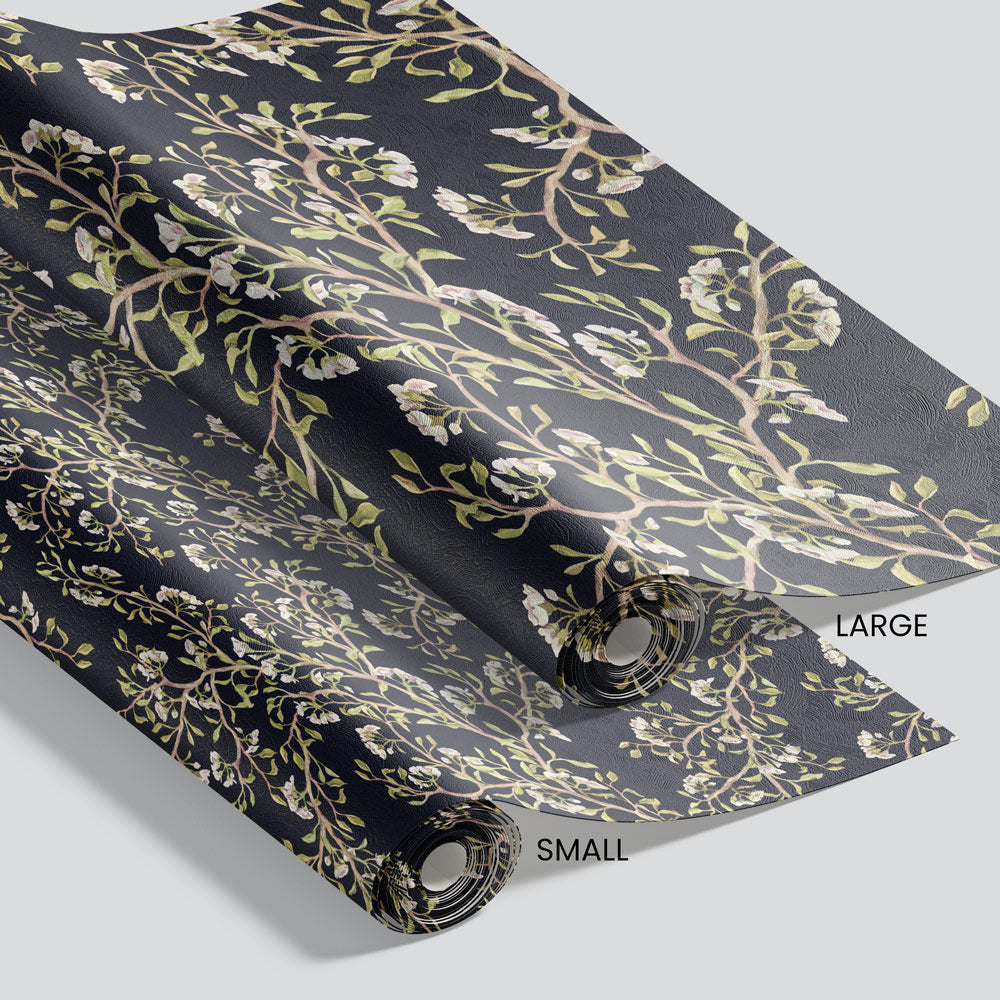 Budding Bush (Navy) Wallpaper pattern size options