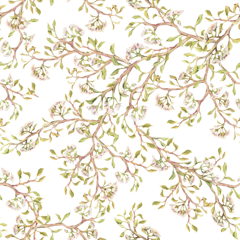 Budding Bush (White) Wallpaper pattern close-up