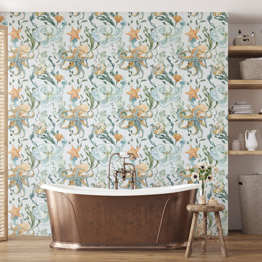 Underwater World (Pearl Grey) Wallpaper on bathroom wall