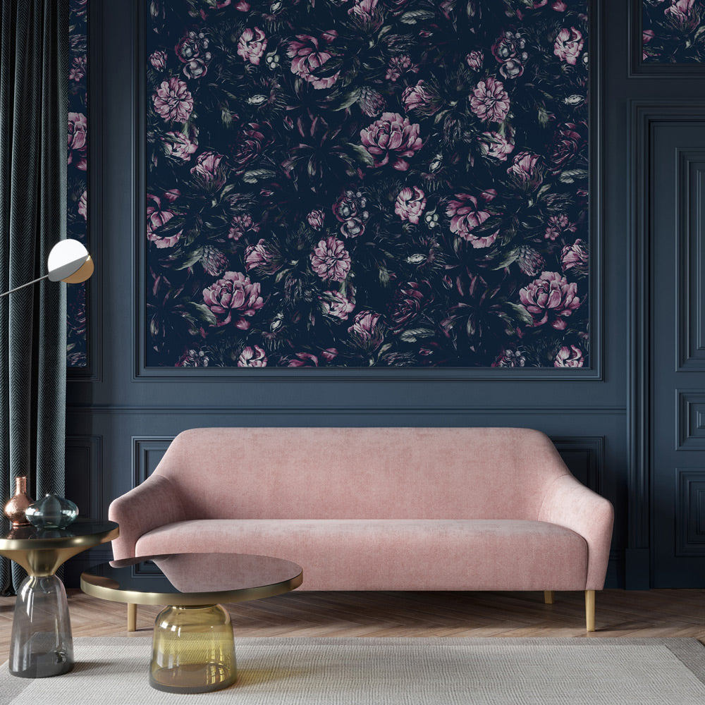 Lush Greenhouse (Dark Blue) Wallpaper on living room wall