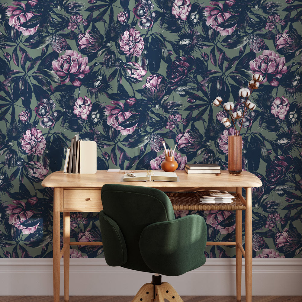Lush Greenhouse (Sage) Wallpaper on office wall