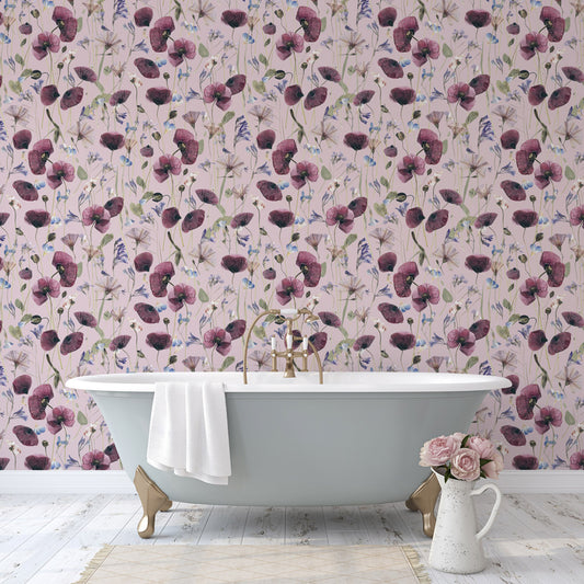 Pressed Petals (Light Mauve) Wallpaper on bathroom wall