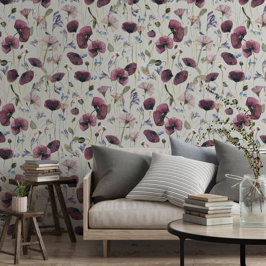 Pressed Petals (Neutral) Wallpaper on living room