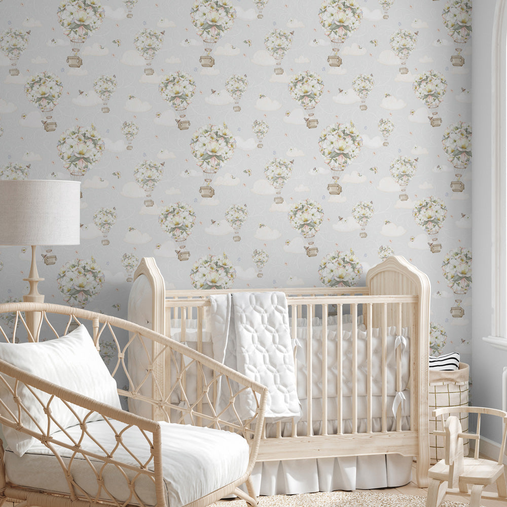 Up, Up & Bouquet (Light Blue) Wallpaper on nursery wall