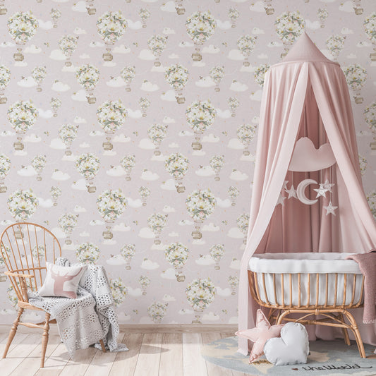 Up, Up & Bouquet (Mauve) Wallpaper on nursery wall