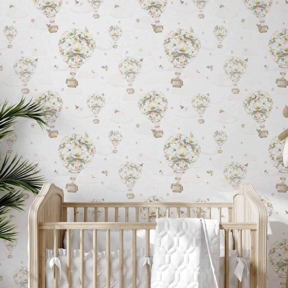 Up, Up & Bouquet (White) Wallpaper on nursery wall