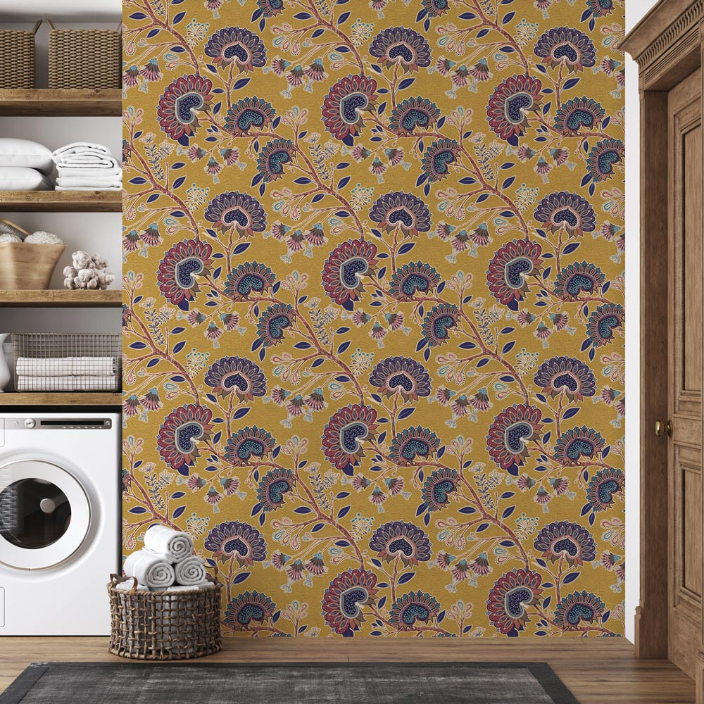 Paisley Park (Yellow) Wallpaper on laundry room wall