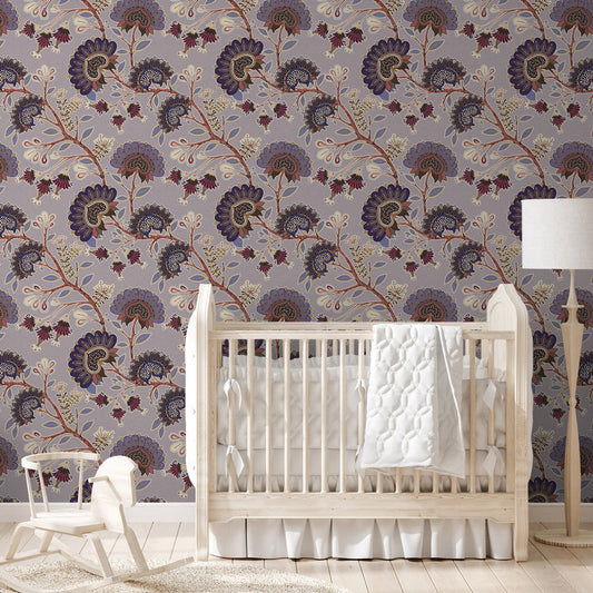 Paisley Park (Purple) Wallpaper on nursery wall