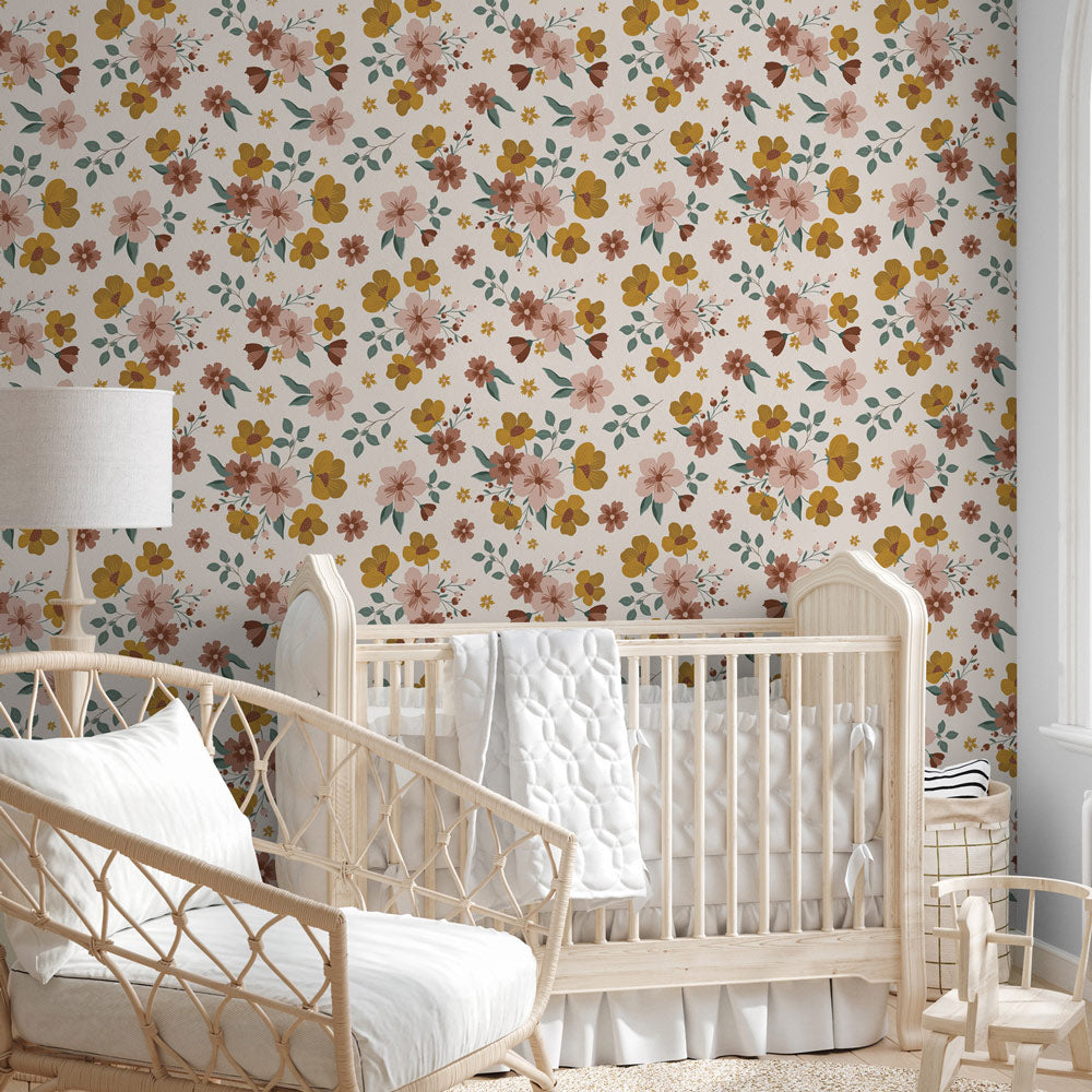 Countryside Wildflowers Wallpaper on nursery wall