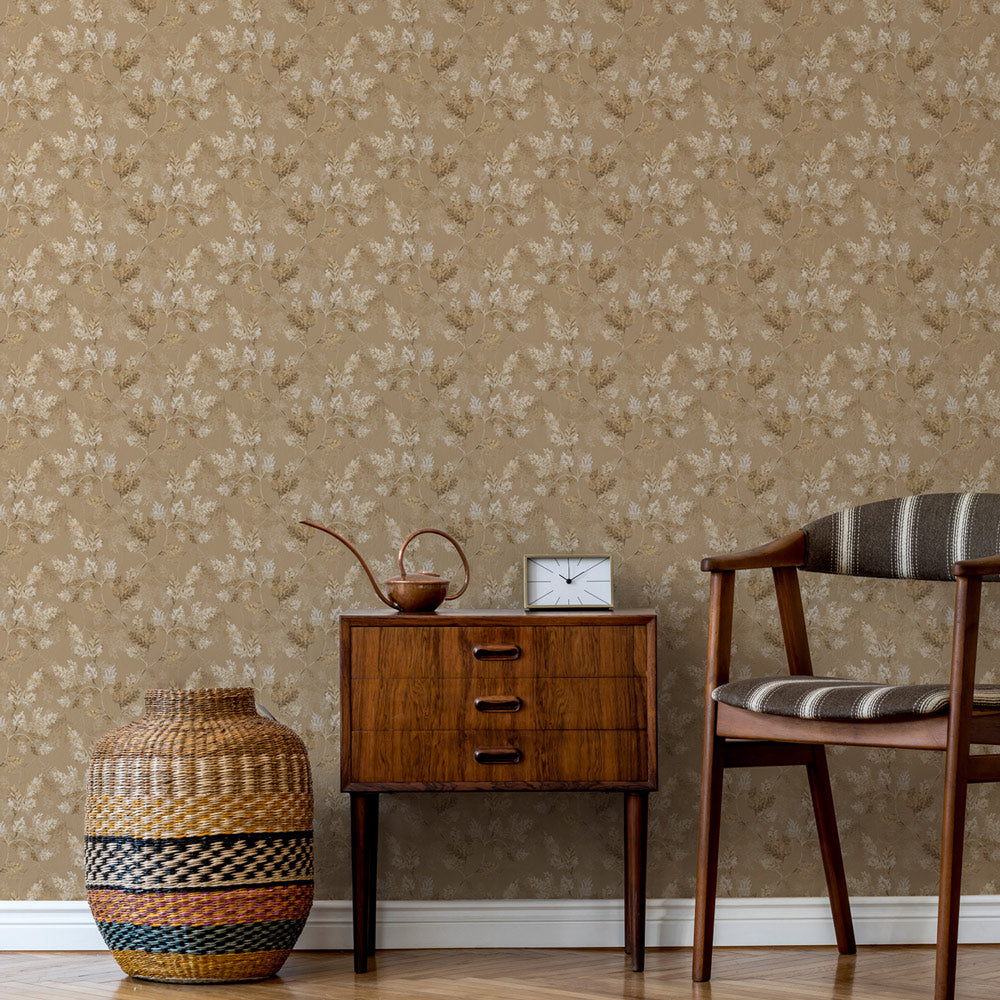 Golden Leaflets Wallpaper on accent wall