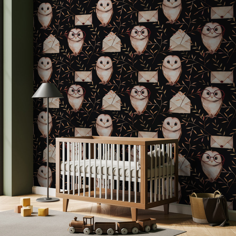 Magic Owls (Black) Wallpaper on nursery wall