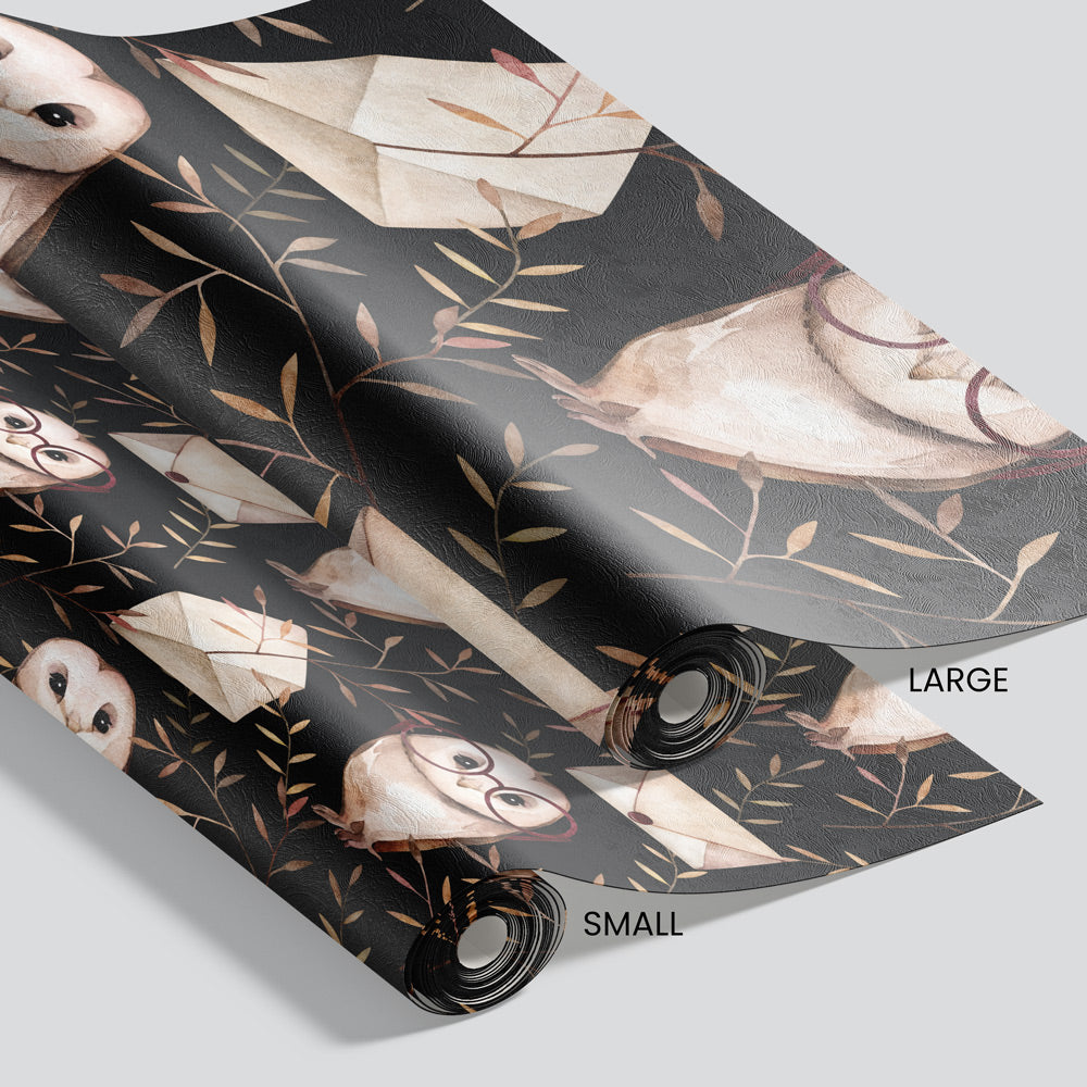 Magic Owls (Black) Wallpaper pattern size options