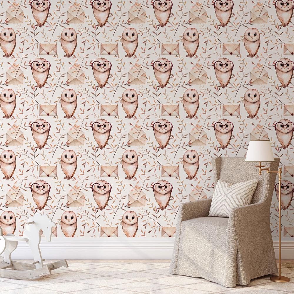 Magic Owls (White) Wallpaper on nursery wall