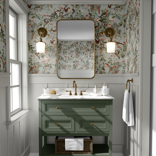 Woodland Bird Wallpaper in a bathroom