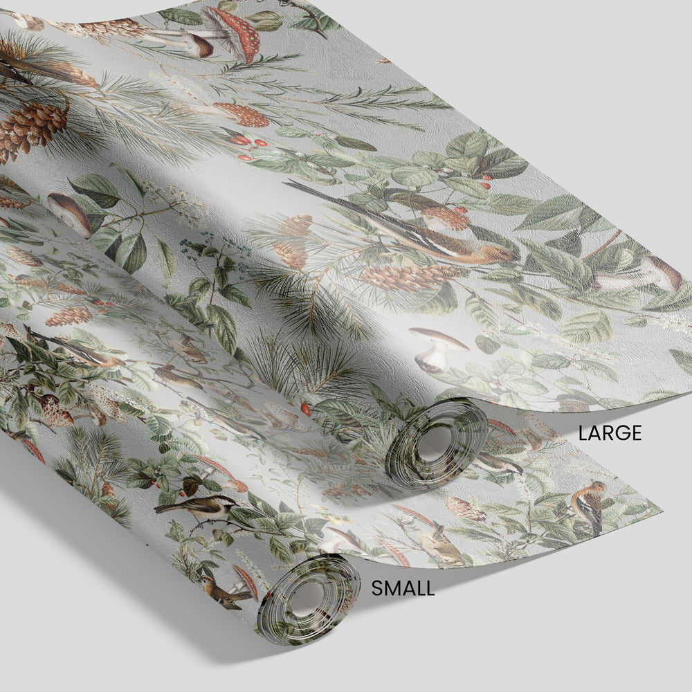 Woodland Bird Wallpaper pattern size options