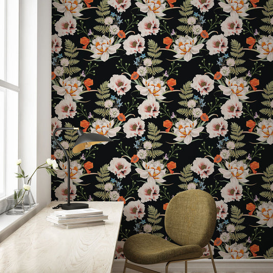 Bright Bold Floral Wallpaper on office wall