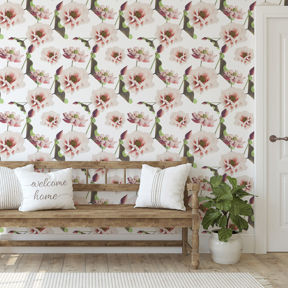 White and Pink Peonies Wallpaper on accent wall