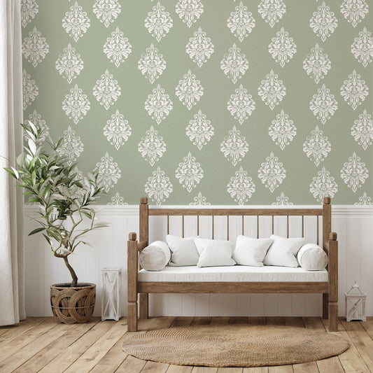 Royal Tapestry (Sage) Wallpaper on accent wall