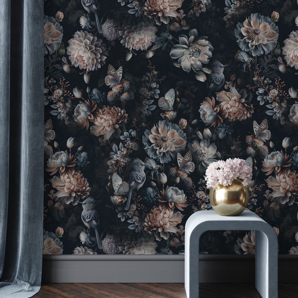 Moody Floral Wallpaper on accent wall