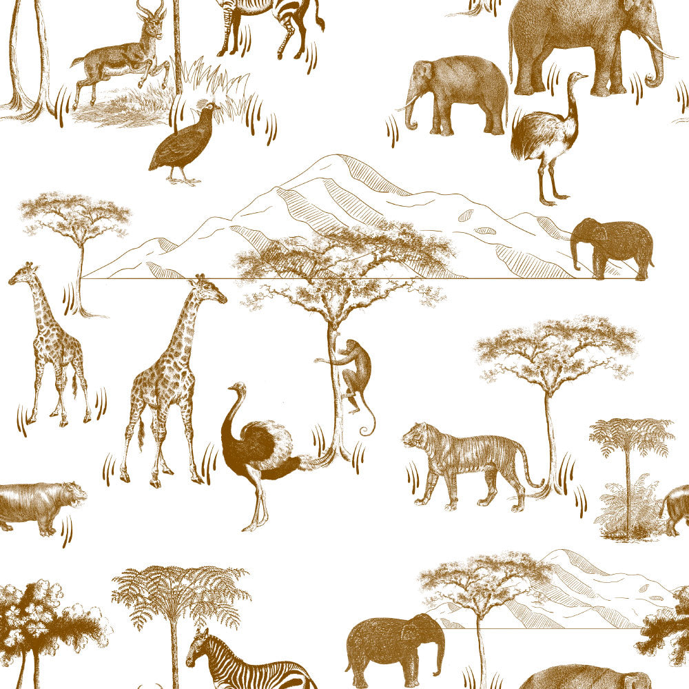 Safari Tour (White & Brown) Wallpaper pattern close-up