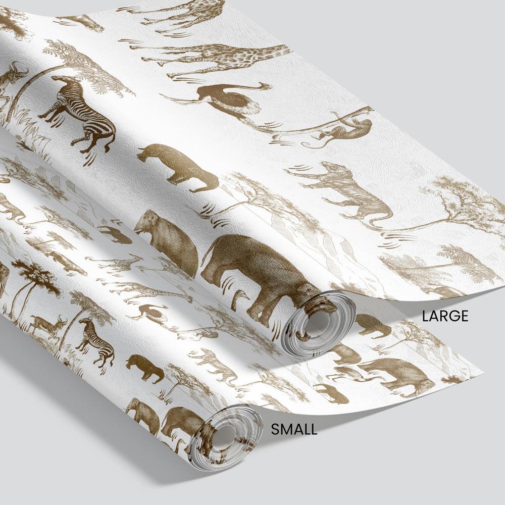 Safari Tour (White & Brown) Wallpaper pattern size options