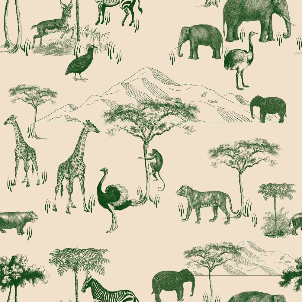 Safari Tour (Ivory & Green) Wallpaper pattern close-up