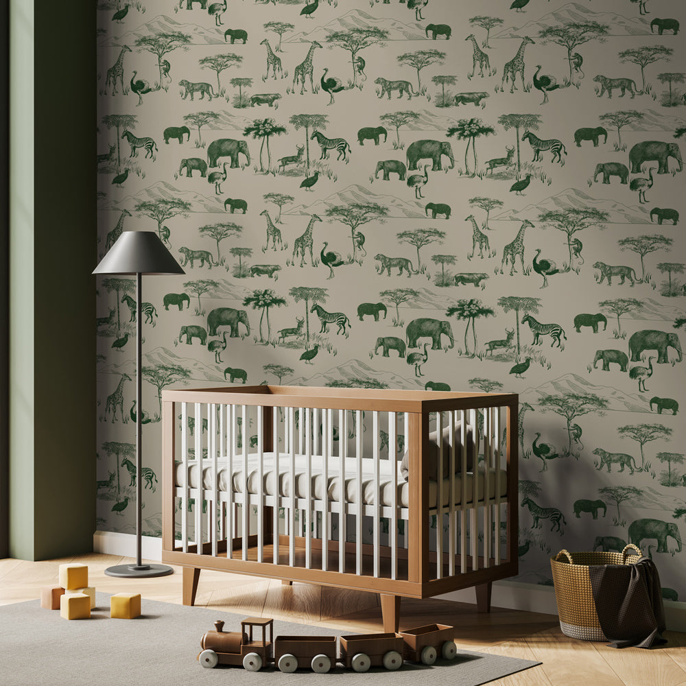 Safari Tour (Ivory & Green) Wallpaper in nursery