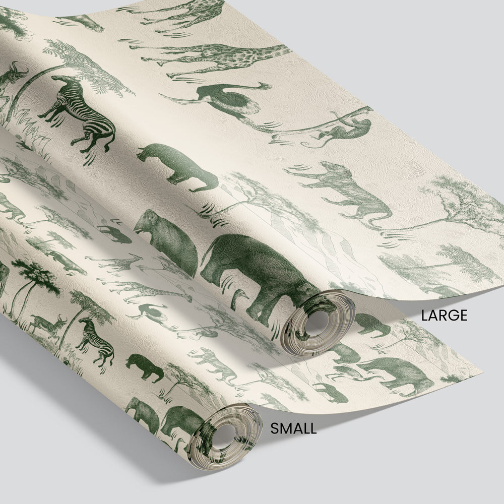 Safari Tour (Ivory & Green) Wallpaper pattern size options