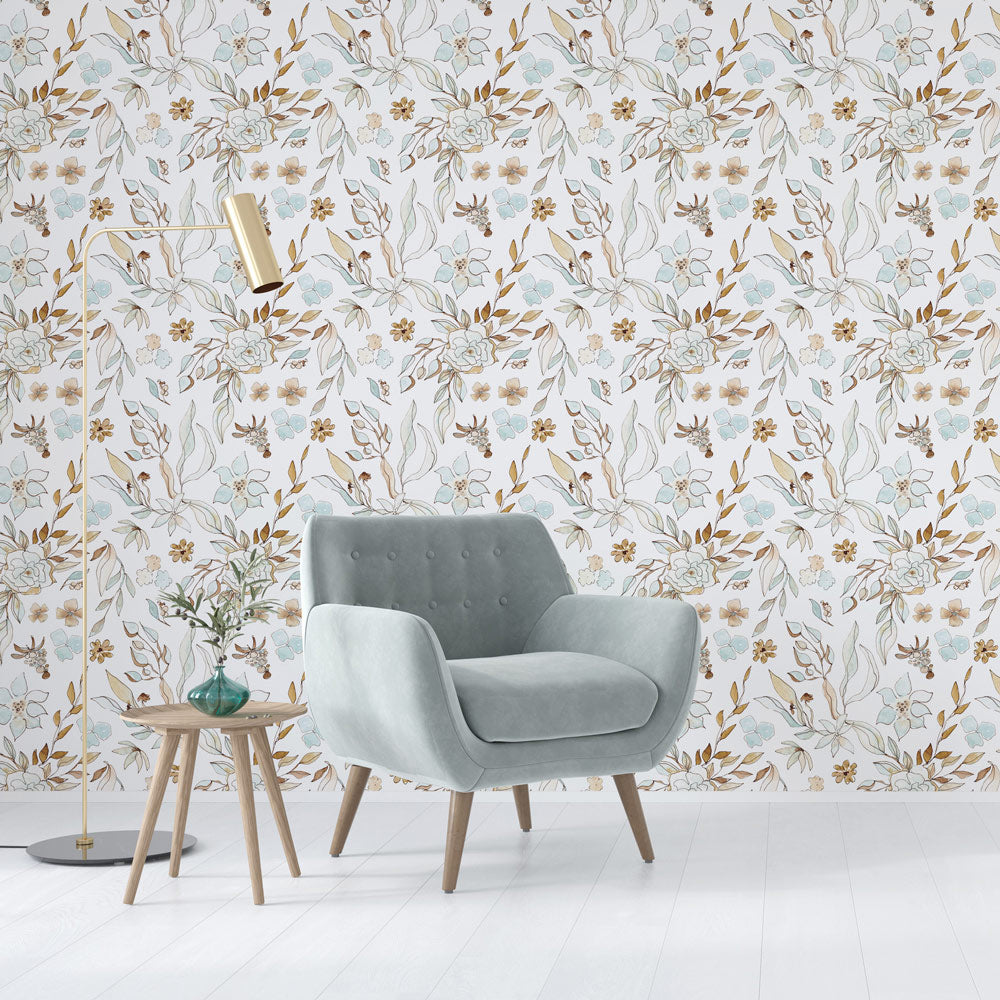 Watercolour Wildflowers Wallpaper on accent wall